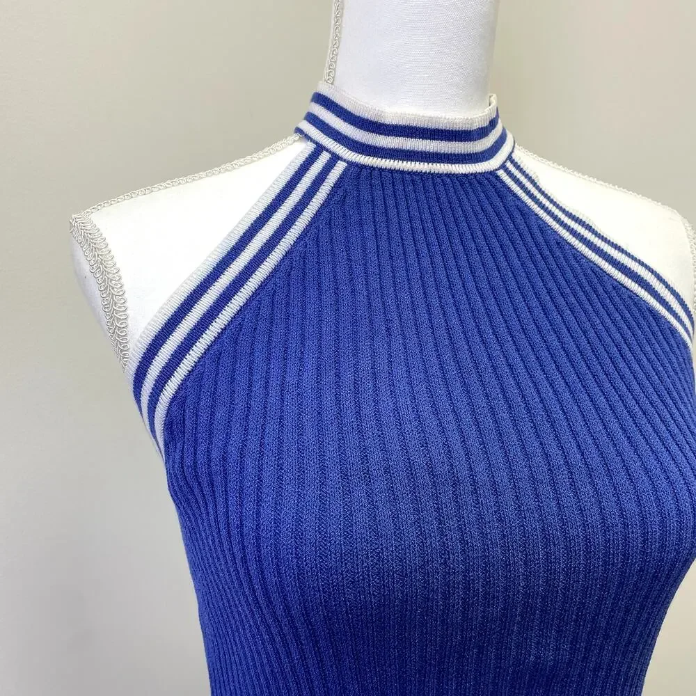 St John Sport by Marie Gray Blue Ribbed Knit Halter Tank Top S Striped - Picture 3 of 16